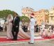 Charlène Wittstock fait son entrée dans la Cour d'honneur du palais  princier, pour la cérémonie religieuse l'unissant au prince Albert, à  Monaco, le 2 juillet 2011