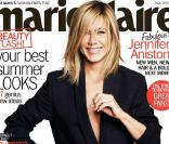 Jennifer Aniston, simplement vêtue d\'un blazer Ann Demeleumeester, apparaît en couverture du magazine Marie Claire. Juillet 2011.<br />