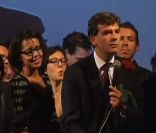 Audrey Pulvar aux côtés d'Arnaud Montebourg le soir du premier tour des primaires socialistes, à Paris, le 9 octobre 2011.