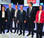 Martine Aubry, Michel Baylet, Manuel Valls, François Hollande, Arnaud Montebourg et Ségolène Royal, à Paris, le 5 octobre 2011.