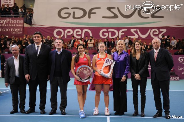 David Douillet, Marion Bartoli, Angélique Kerber, Martina Navratilova et Amélie Mauresmo le 12 février 2012 à Coubertin lors de l'Open GDF Suez à Paris