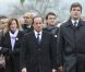 Arnaud Montebourg, Valérie Trierweiler et François Hollande aux obsèques de Danielle Mitterrand à l'abbaye de Cluny, le 26 novembre 2011.