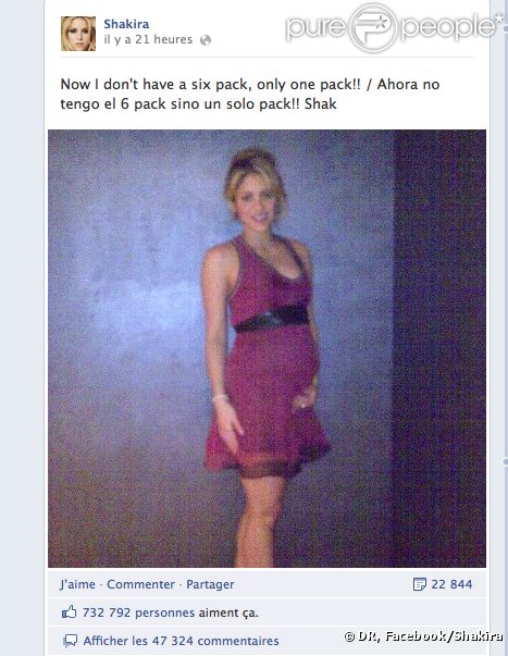 Shakira, enceinte de son premier enfant avec Gerard Piqué, a publié le 6 octobre 2012 sur sa page Facebook la toute première photo d'elle enceinte, de six mois.