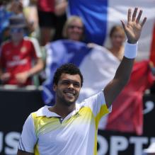 Jo-Wilfred Tsonga lors de son second tour de l'Open d'Australie face à Go Soeda (6-3, 7-6, 6-3 ) à Melbourne le 17 janvier 2013, très content d'avoir gagné
