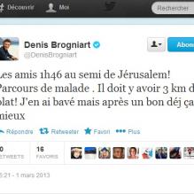 Denis Brogniart est un sportif. Alors avant d'aller repérer de nouveaux spots pour Koh-Lanta, l'animateur de TF1 s'est offert un semi-marathon du côté de Jérusalem. Et ce 1er mars 2013, notre homme était tout heureux de se terminer dans un fort joli temps, avant d'aller se rassasier. On applaudit bien fort.