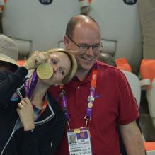 Prince Albert II of Monaco and Princess Charlene of Monaco following the south African swimming team inside the aquatic center during the London Olympic games in London, UK on July 31, 2012. Photo by Guibbaud-Gouhier-JMP/ABACAUSA.COM01/08/2012 - 