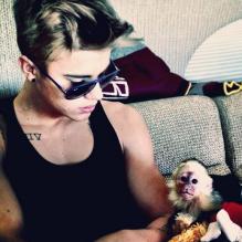 Justin Bieber pose avec son petit capucin, Mally, reçu en cadeau pour ses 19 ans en mars 2013.