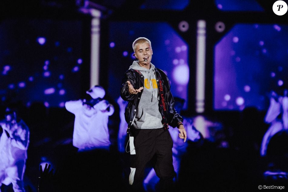 Justin Bieber en concert lors de sa tournée "Purpose Tour" à Sudney, Australie, le 15 mars 2017.