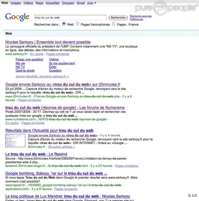 Capture d'écran du Google Bombing dont Nicolas Sarkozy a été victime 
