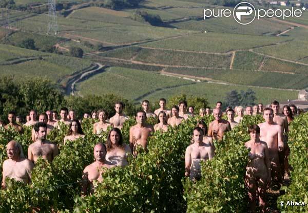 Cette centaine de nudistes posent dans des vignes, couverts de raisins...