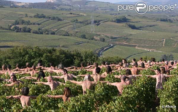 Cette centaine de nudistes posent dans des vignes, couverts de raisins...