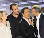 Audrey Lamy, Jean Dujardin, Dany Brillant et Antoine Duléry lors de l'enregistrement de l'émission Vivement Dimanche diffusée le 4 avril 2010 sur France 2