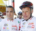 Richard Virenque et Patrick Poivre d'Arvor lors de l'Etape du coeur du Tour de France, entre Bordeaux et Pauillac, au profit de l'association Mécénat Chirurgie Cardiaque le 24 juillet 2010