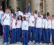 Nicolas Sarkozy, Roselyne Bachelot et Rama Yade ont reçu l'équipe de France d'athlétisme à l'Elysée, à Paris, le 3 août 2010.