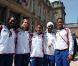 Nicolas Sarkozy, Roselyne Bachelot et Rama Yade ont reçu l'équipe de France d'athlétisme à l'Elysée, à Paris, le 3 août 2010.