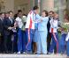 Nicolas Sarkozy, Roselyne Bachelot et Rama Yade ont reçu l'équipe de France d'athlétisme à l'Elysée, à Paris, le 3 août 2010.