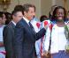 Nicolas Sarkozy, Roselyne Bachelot et Rama Yade ont reçu l'équipe de France d'athlétisme à l'Elysée, à Paris, le 3 août 2010.