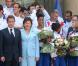 Nicolas Sarkozy, Roselyne Bachelot et Rama Yade ont reçu l'équipe de France d'athlétisme à l'Elysée, à Paris, le 3 août 2010.