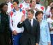 Nicolas Sarkozy, Roselyne Bachelot et Rama Yade ont reçu l'équipe de France d'athlétisme à l'Elysée, à Paris, le 3 août 2010.