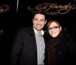 Marc Plisson, directeur de la marque pour la France, et Claire-Marie à l'ouverture de la boutique Ed Hardy à Paris, le 15/04/08