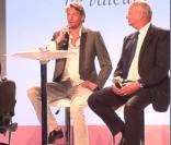 Camille Lacourt et Christian Courtin-Clarins lors de la conférence de presse de présentation Clarins. Le 2 mars à Paris