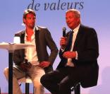 Camille Lacourt et Christian Courtin-Clarins lors de la conférence de presse de présentation Clarins. Le 2 mars à Paris