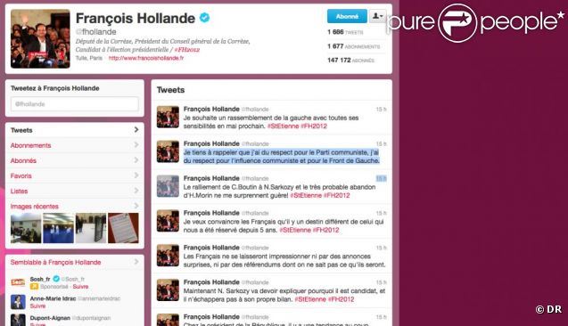 Capture d'écran du compte Twitter de François Hollande, le 15 février 2012.
