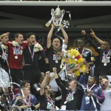 Sacre de Lyon au match opposant l'Olympique Lyonnais à Quevilly, en finale de la Coupe de France, le samedi 28 avril 2012 au Stade de France, près de Paris.