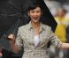 Olga Kurylenko sur le tournage du film de science-fiction  Oblivion , en bas de l'Empire State Building à New York, le 12 juin 2012.