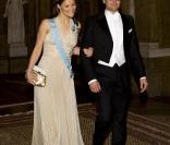 La princesse Victoria de Suède et son fiancé Daniel Westling au Palais Royal, pour le dîner de la Saint Victoria au Palais Royal, le 12 mars 2009.