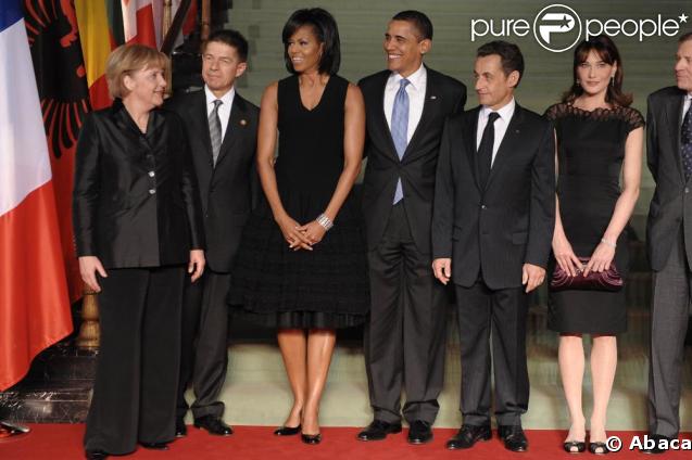 Les couples Obama et Sarkozy à Baden-Baden, en Allemagne. Ils sont reçus par Angela Merkel et son époux. 03/04/09