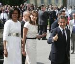 Michelle Obama, Carla et Nicolas Sarkozy et Barack Obama lors de la commémoration du Débarquement en Normandie le 6 juin 2009