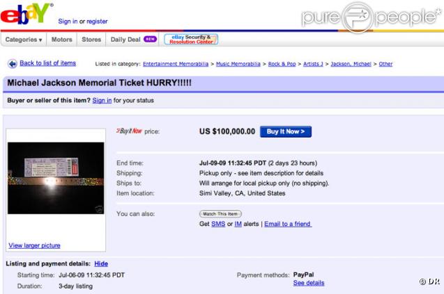 Annonce d'enchères sur Ebay, pour une invitation à l'hommage rendu à Michael Jackson le 7 juillet, au Staples Center de L.A