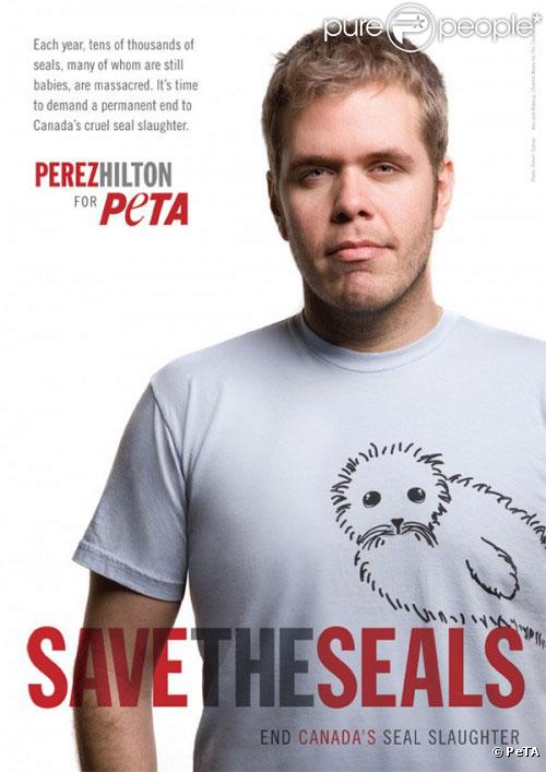 Perez Hilton se mobilise contre le massacre des phoques au Canada et prête son image à la PeTA.