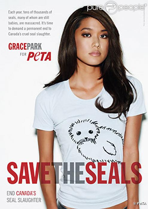 Grace Park se mobilise contre le massacre des phoques au Canada et prête son image à la PeTA.