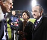 Rachida Dati, Nicolas de Tavernost et Jean-Louis Triaud au stade Chaban-Delmas, à Bordeaux, assiste au match qui oppose les Girondins de Bordeaux au Bayern de Munich. 21/10/09