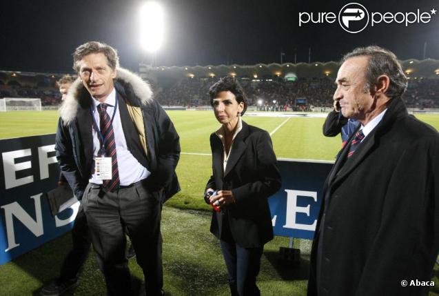Rachida Dati, Nicolas de Tavernost et Jean-Louis Triaud au stade Chaban-Delmas, à Bordeaux, assiste au match qui oppose les Girondins de Bordeaux au Bayern de Munich. 21/10/09
