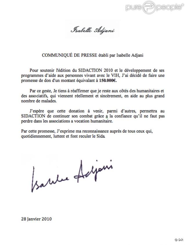 Le communiqué de presse d'Isabelle Adjani qui explique sa promesse de dons pour la Sidaction