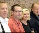 Kiefer Sutherland, Lars Von Trier, Kirsten Dunst et Stellan Skarsgard à l'occasion de la conférence de presse de pré-tournage de Melancholia , au Trollhattan de Stockholm, en Suède, le 26 juillet 2010.