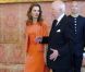 Letizia d'Espagne, radieuse, et son prince Felipe reçoivent le gouverneur général d'Australie, Quentin Bryce, et son mari au palais royal de Madrid, le 7 juin 2011