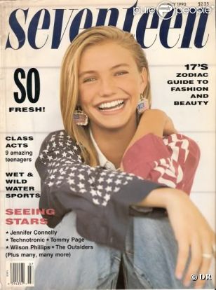 Cameron Diaz à tout juste 18 ans apparaît en couverture du magazine pour ados  Seventeen . Juillet 1990.