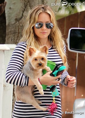 Hilary Duff à Los Angeles, vendredi 26 août 2011, planquée derrière ses  lunettes fumées, regagnant son domicile en compagnie de son petit  yorkshire.