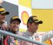 (de droite à gauche) Jenson Button, Sebastian Vettel et Marc Webber occupent les trois marches du podium du grand prix de Belgique à Spa-Francorchamps le 28 août 2011