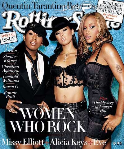 Alicia Keys, entourée de Missy Eliott et d'Eve, pose en Une du Rolling Stone d'octobre 2003. 