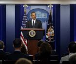 Barack Obama s'adresse aux journalistes dans la press room de la Maison Blanche à propos de la crise, le 21 novembre 2011. 