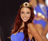 Delphine Wespiser, en maillot de bain une pièce Wonder Woman, lors de l'élection de Miss France 2012, le samedi 3 décembre 2011.