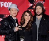 Les trois finalistes Chris Rene, Melanie Amaro et Josh Krajcik lors de la conférence de presse de X Factor dans les studios CBS à Los Angeles le 19 décembre 2011