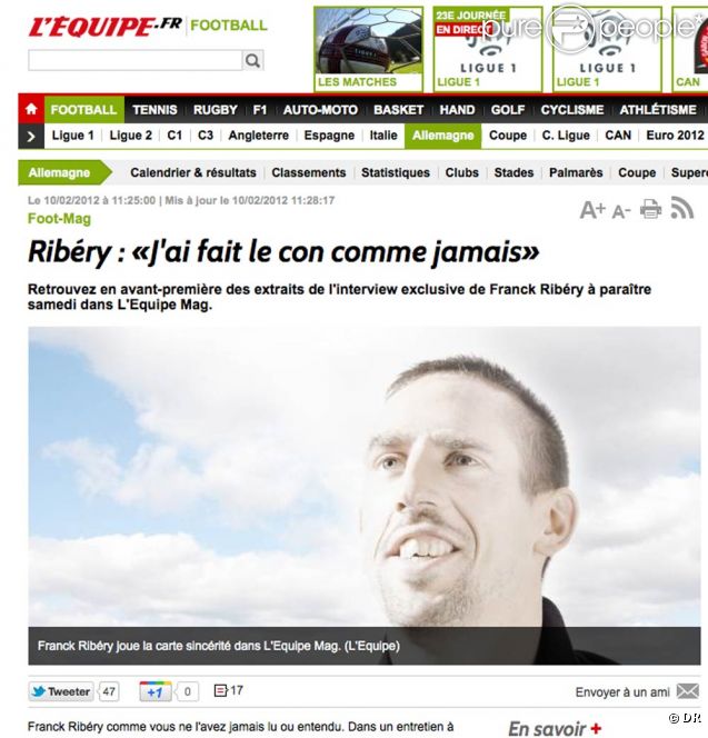 Franck Ribéry se raconte comme jamais dans L'Equipe Mag du 11 février 2012. 