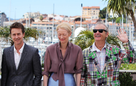 Edward Norton, Tilda Swinton et Bill Murray lors du photocall de Moonrise Kingdom au festival de Cannes le 16 mai 2012