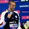 Frédérick Bousquet a terminé premier de la finale su 50 mètres nage libre sa joie le 27 mai 2012 à Debrecen lors des championnats d'Europe